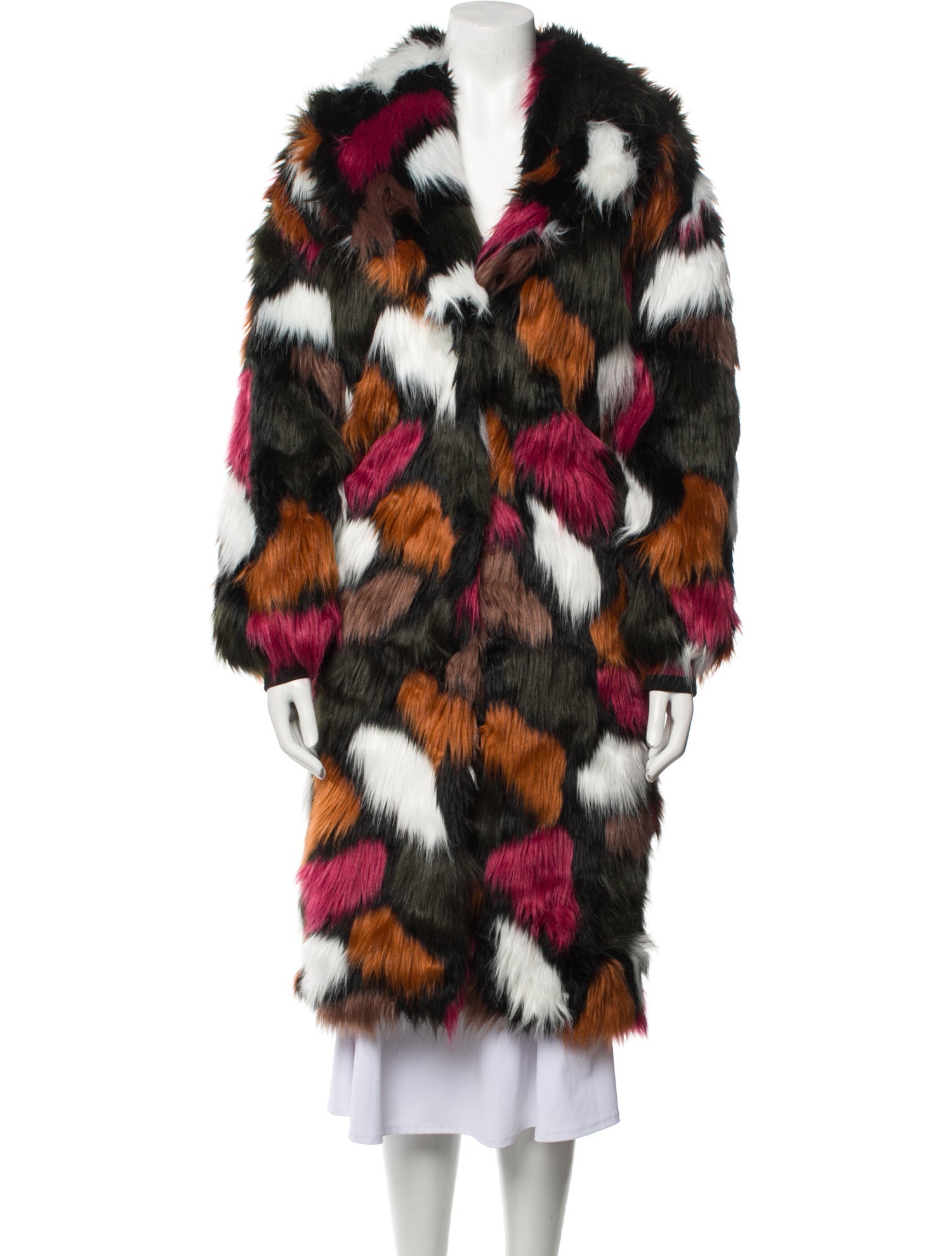 Sui by Anna Sui Faux Fur Colorblock Pattern Fur Coat