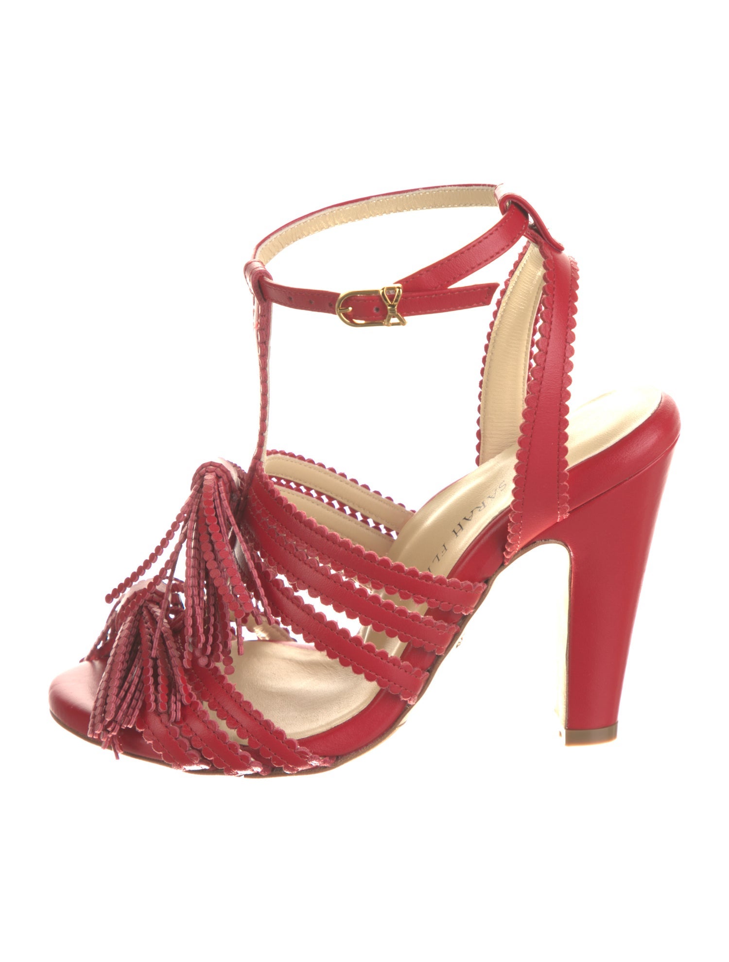 Sarah Flint Leather Scalloped Accent T-Strap Sandals