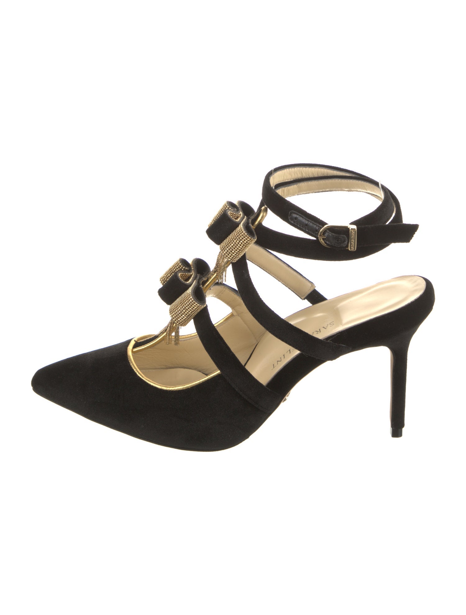 Sarah Flint Velvet Leather Trim Embellishment T-Strap Pumps