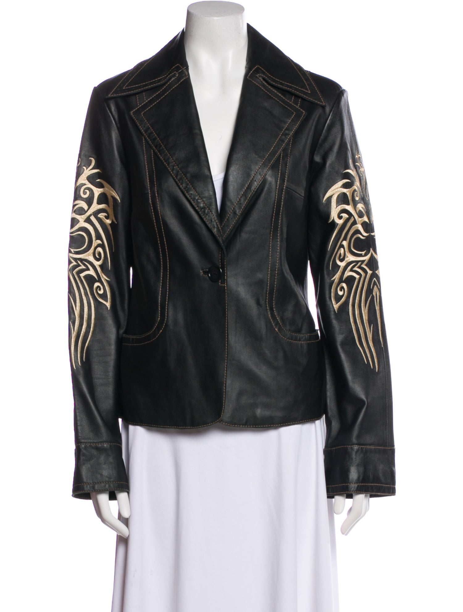 Sheri Bodell Leather Graphic Print Biker Jacket