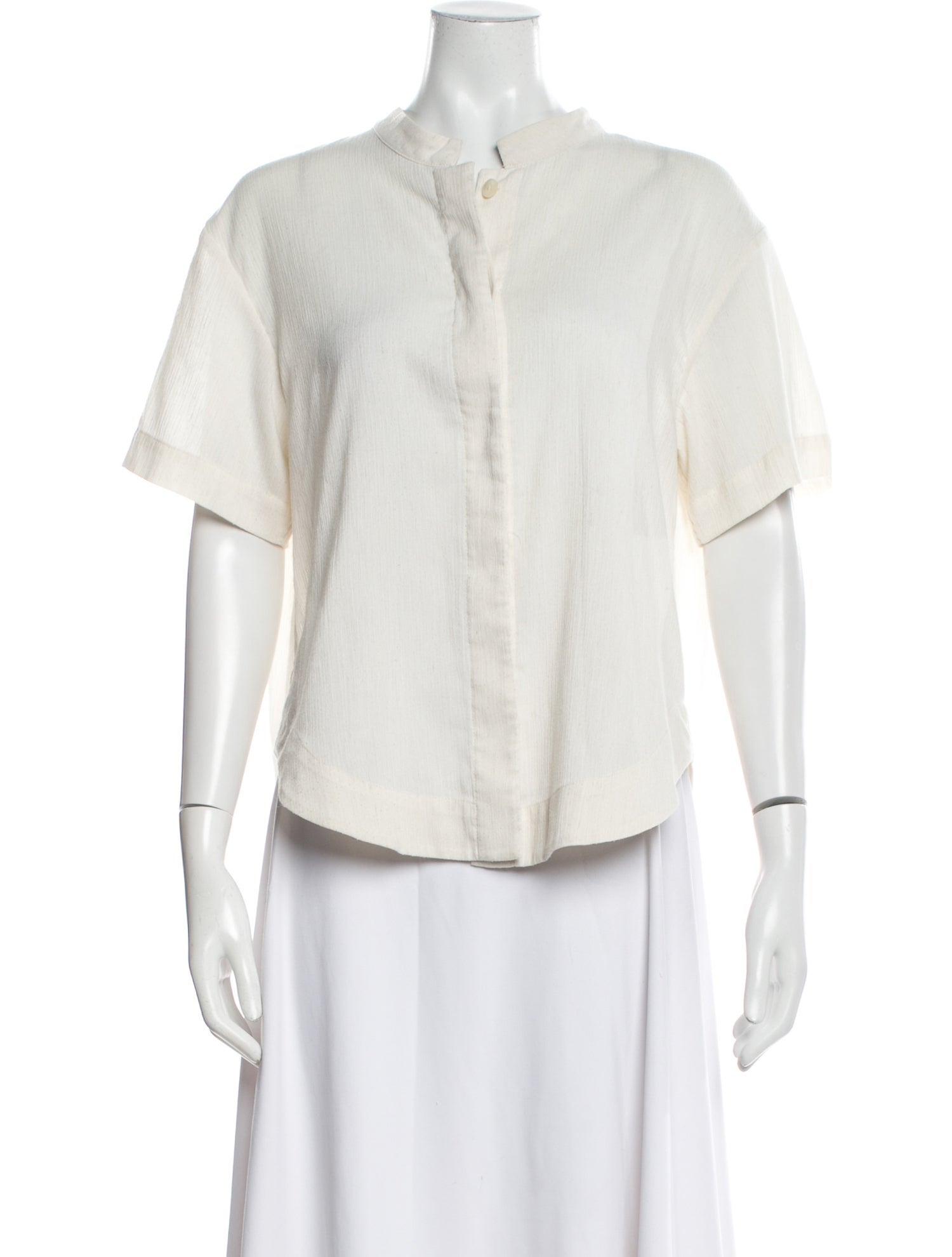 7115 by Szeki Crew Neck Short Sleeve Button-Up Top