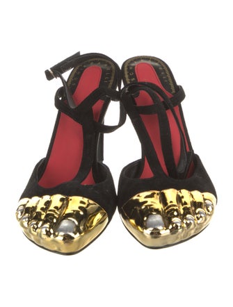 Schiaparelli Suede Colorblock Pattern T-Strap Pumps