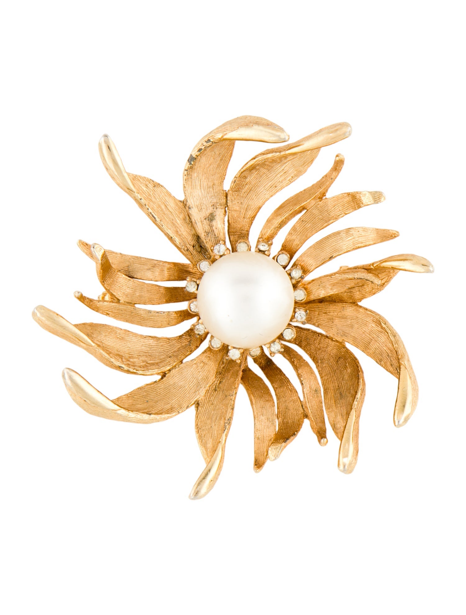 Schiaparelli Vintage Crystal & Faux Pearl Floral Motif Brooch Pin