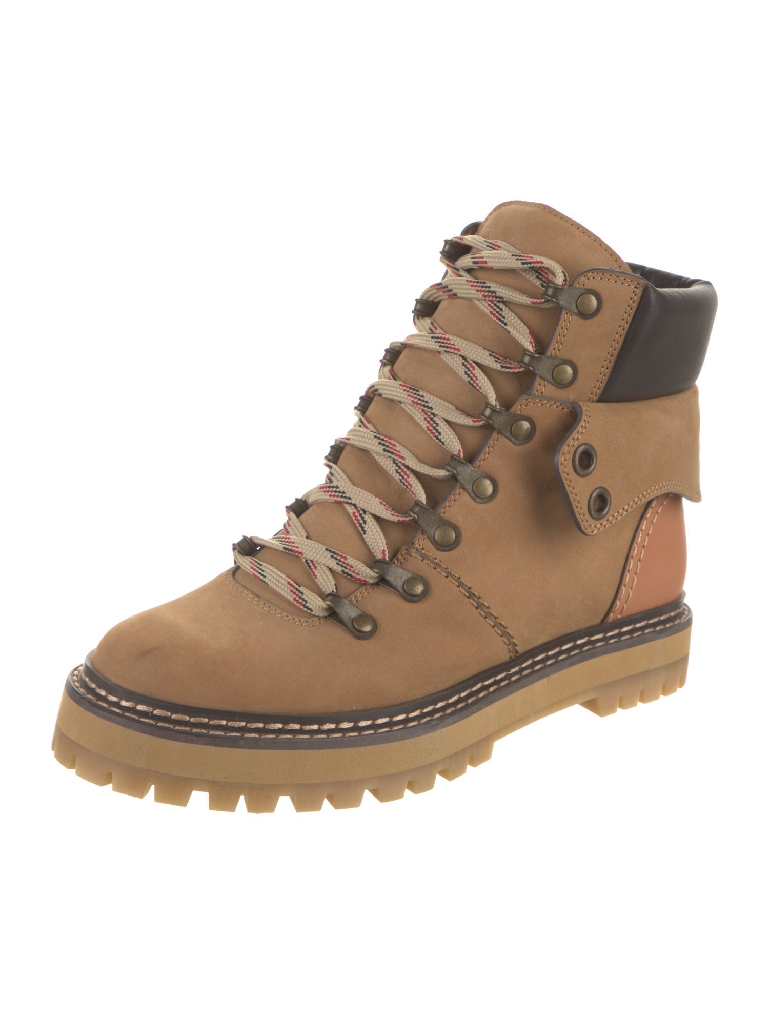 See by Chloé Leather Colorblock Pattern Combat Boots