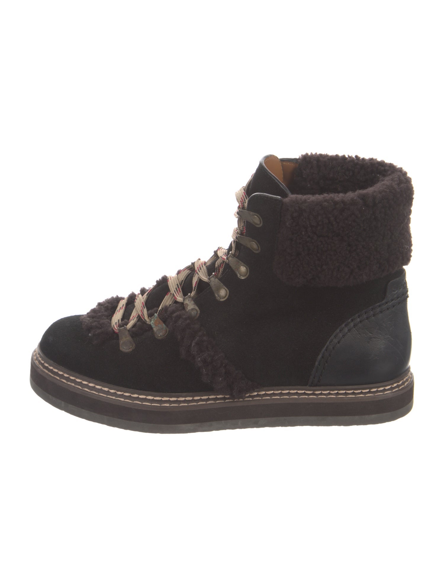 See by Chloé Suede Faux Fur Trim Combat Boots