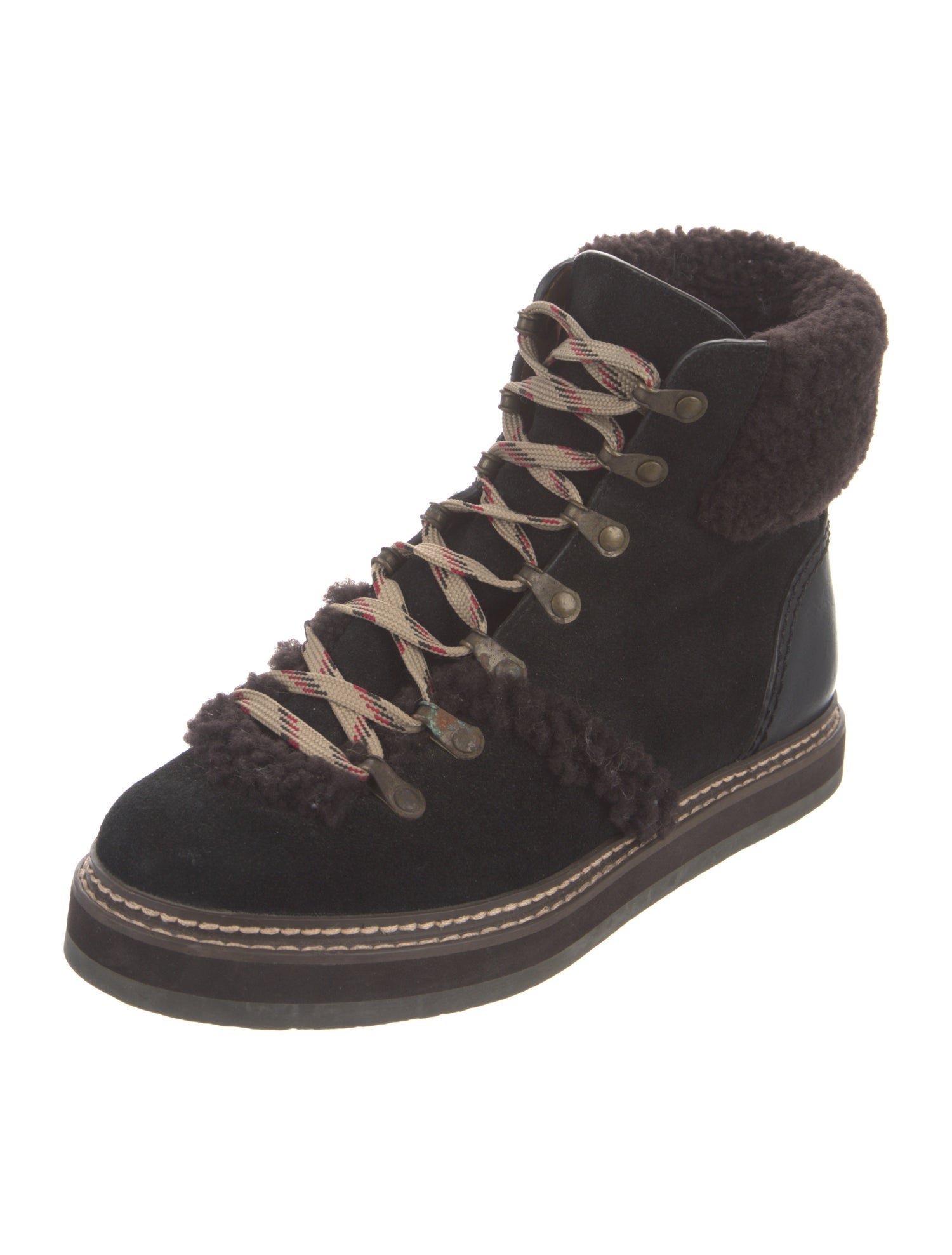 See by Chloé Suede Faux Fur Trim Combat Boots