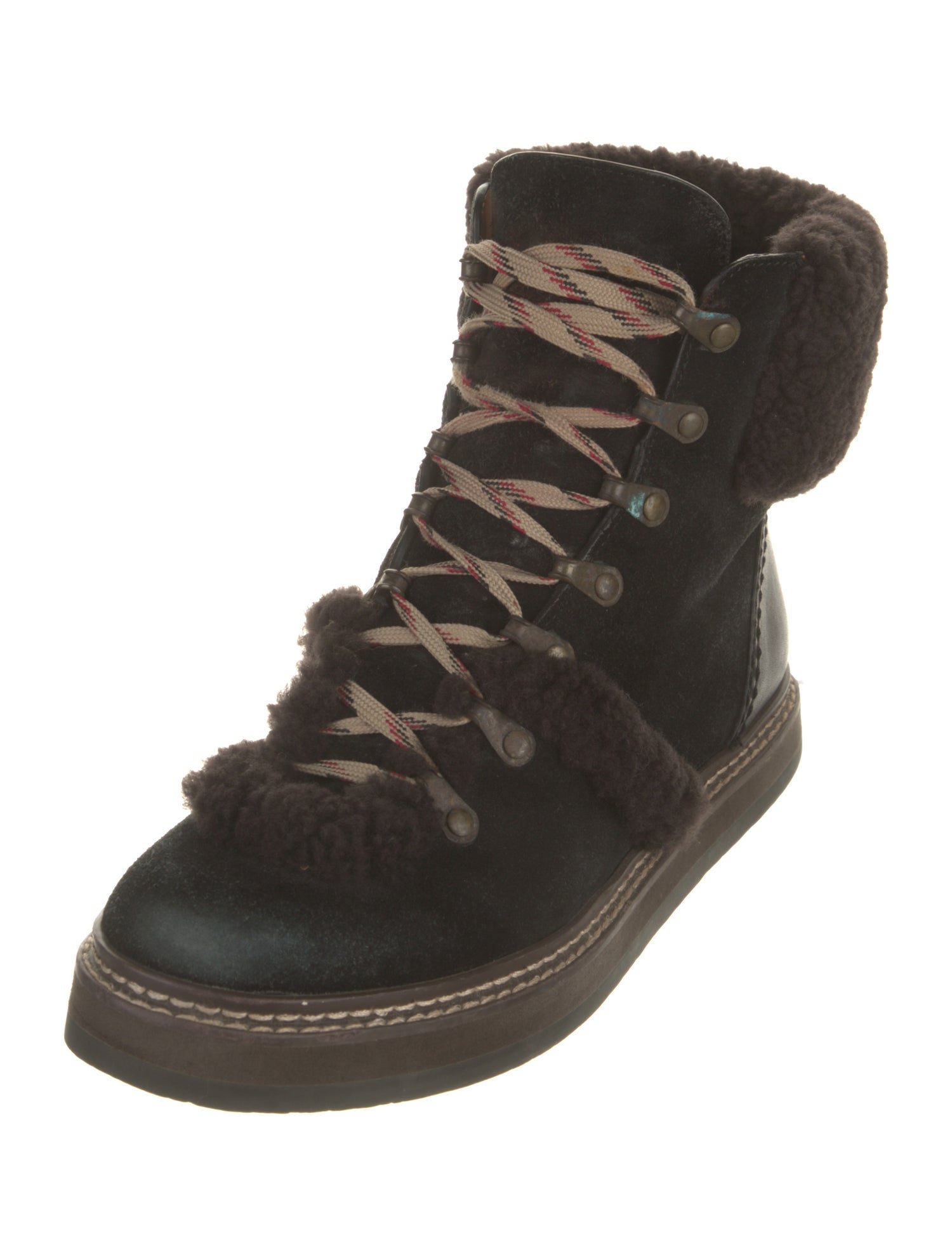 See by Chloé Suede Faux Fur Trim Combat Boots