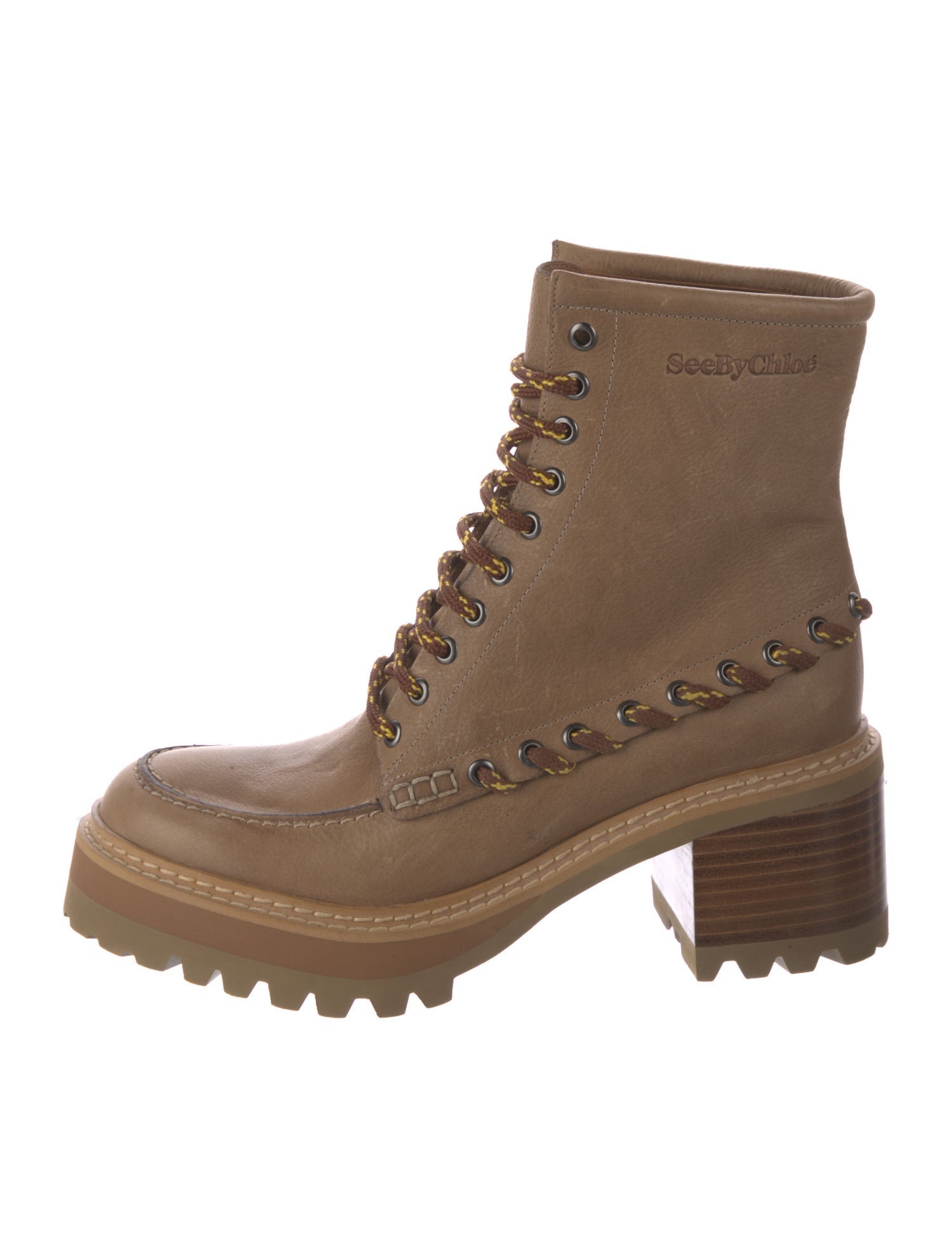 See by Chloé Leather Whipstitch Trim Combat Boots