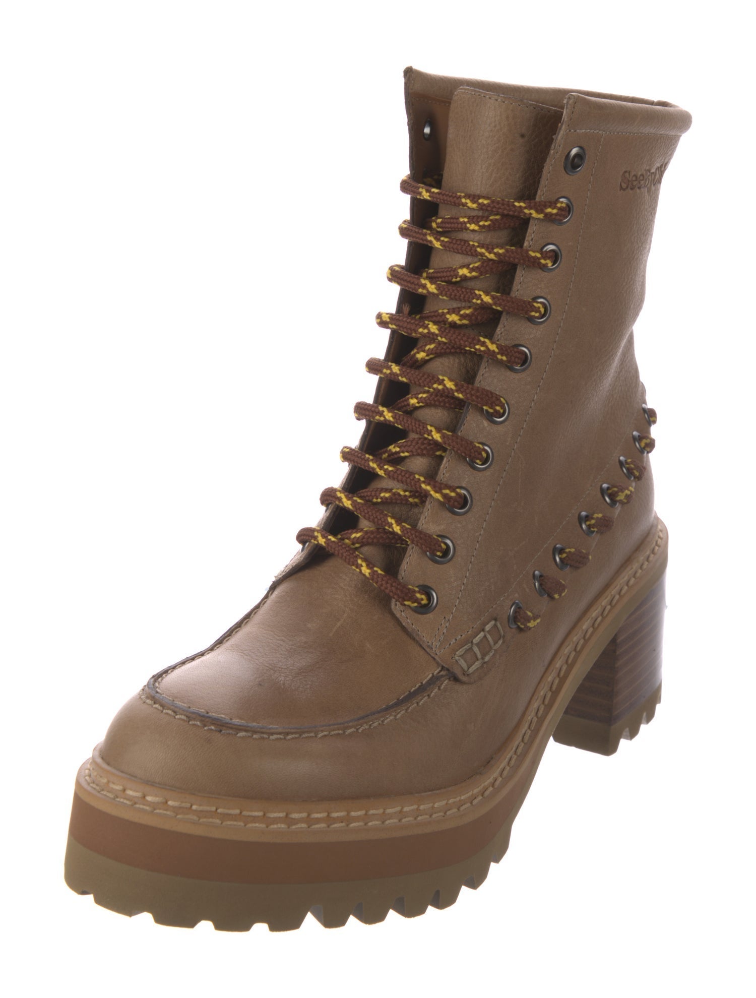 See by Chloé Leather Whipstitch Trim Combat Boots