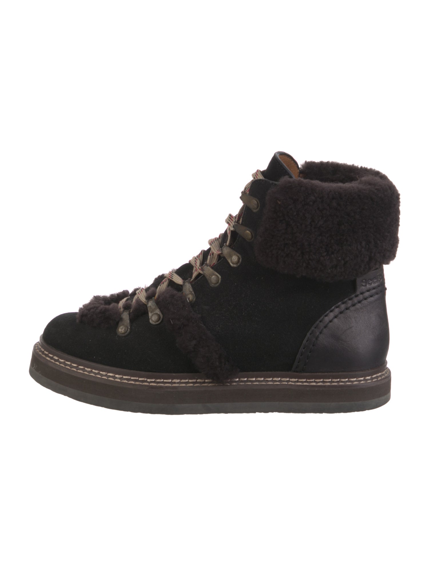 See by Chloé Suede Fur Trim Lace-Up Boots