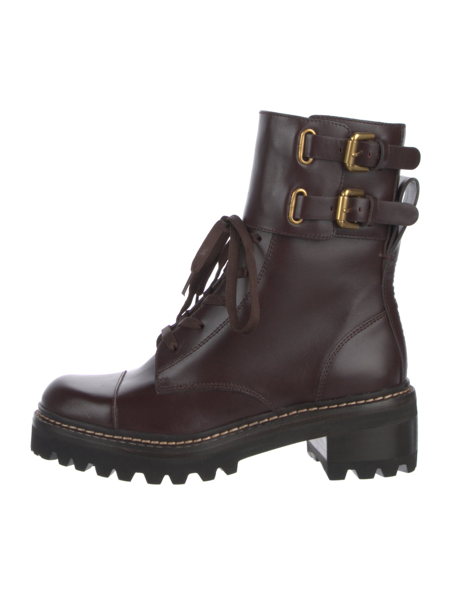 See by Chloé Leather Whipstitch Trim Combat Boots
