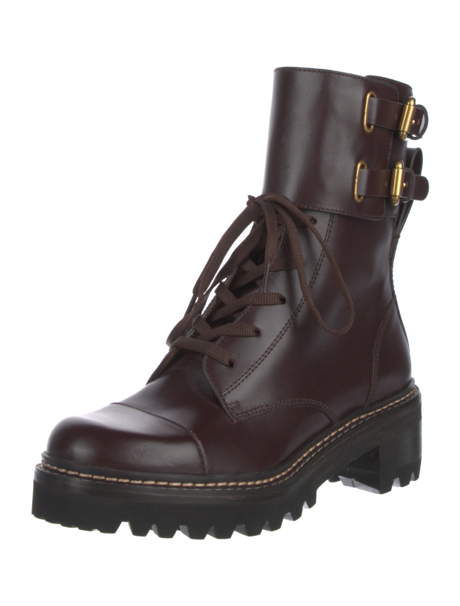 See by Chloé Leather Whipstitch Trim Combat Boots