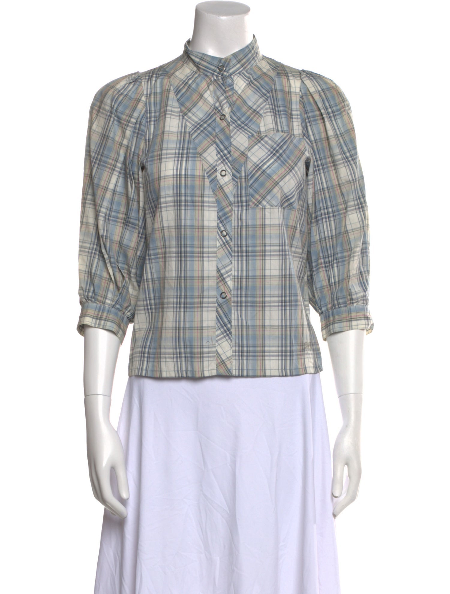 See by Chloé Plaid Print Mock Neck Button-Up Top