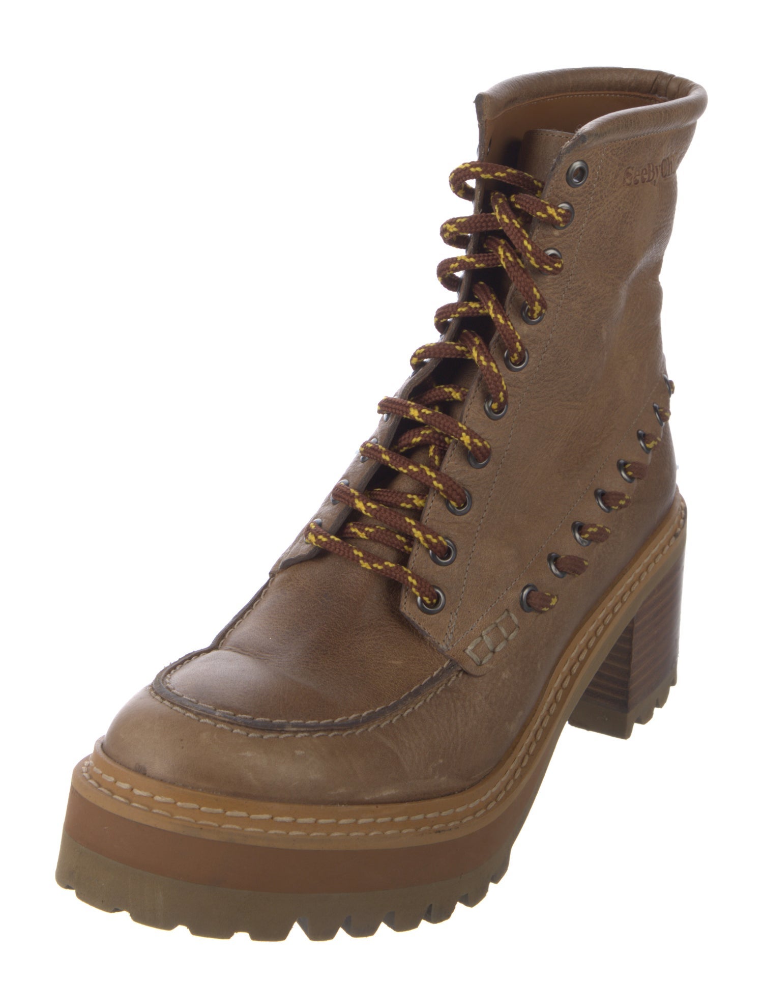 See by Chloé Leather Whipstitch Trim Combat Boots