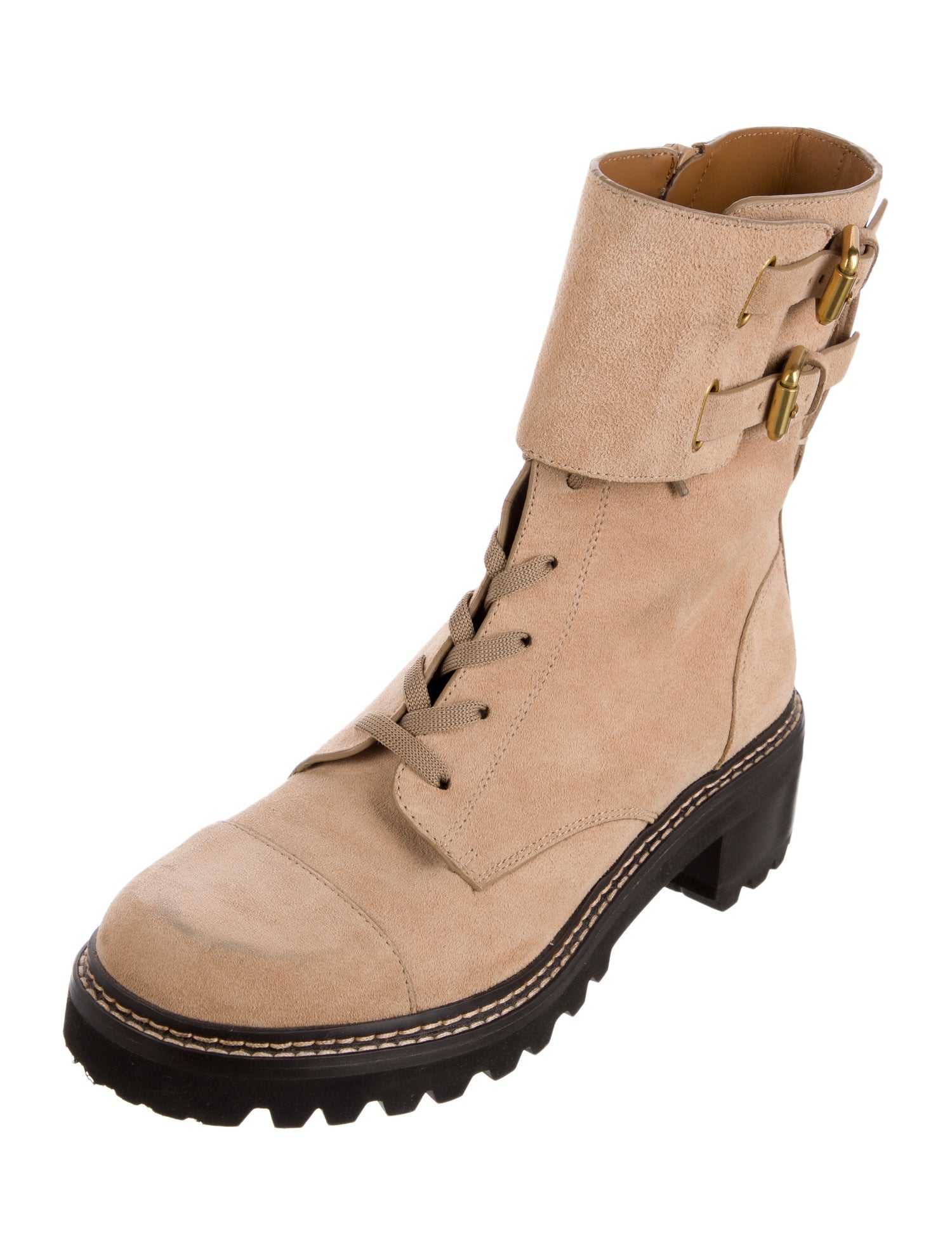 See by Chloé Suede Colorblock Pattern Combat Boots