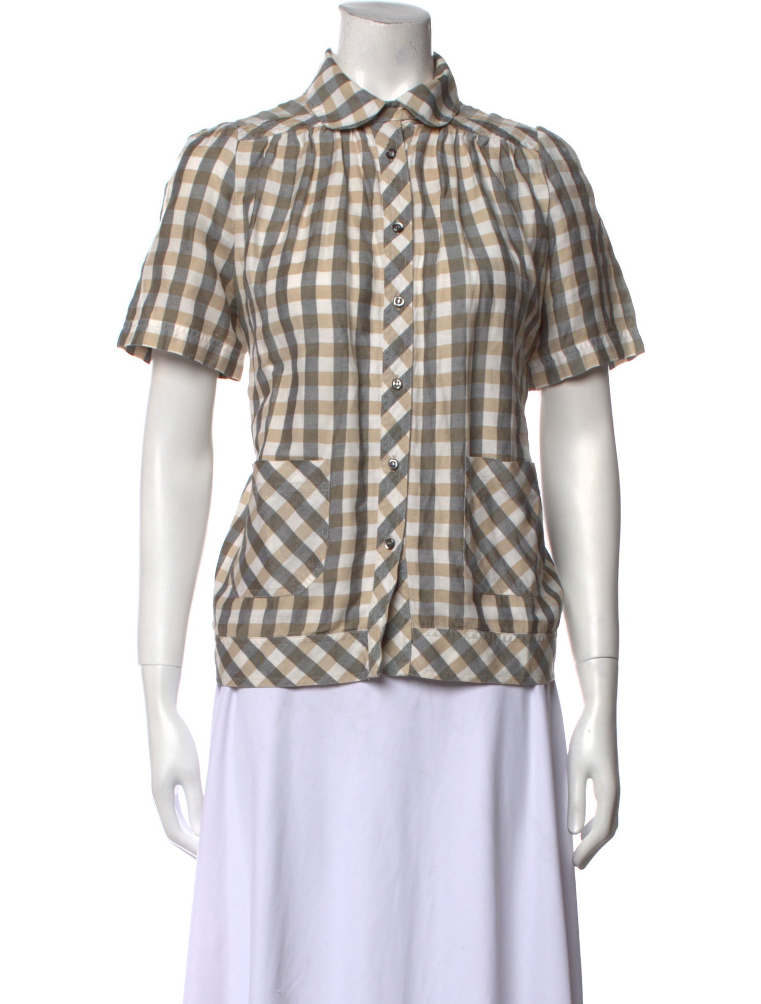 See by Chloé Linen Plaid Print Button-Up Top