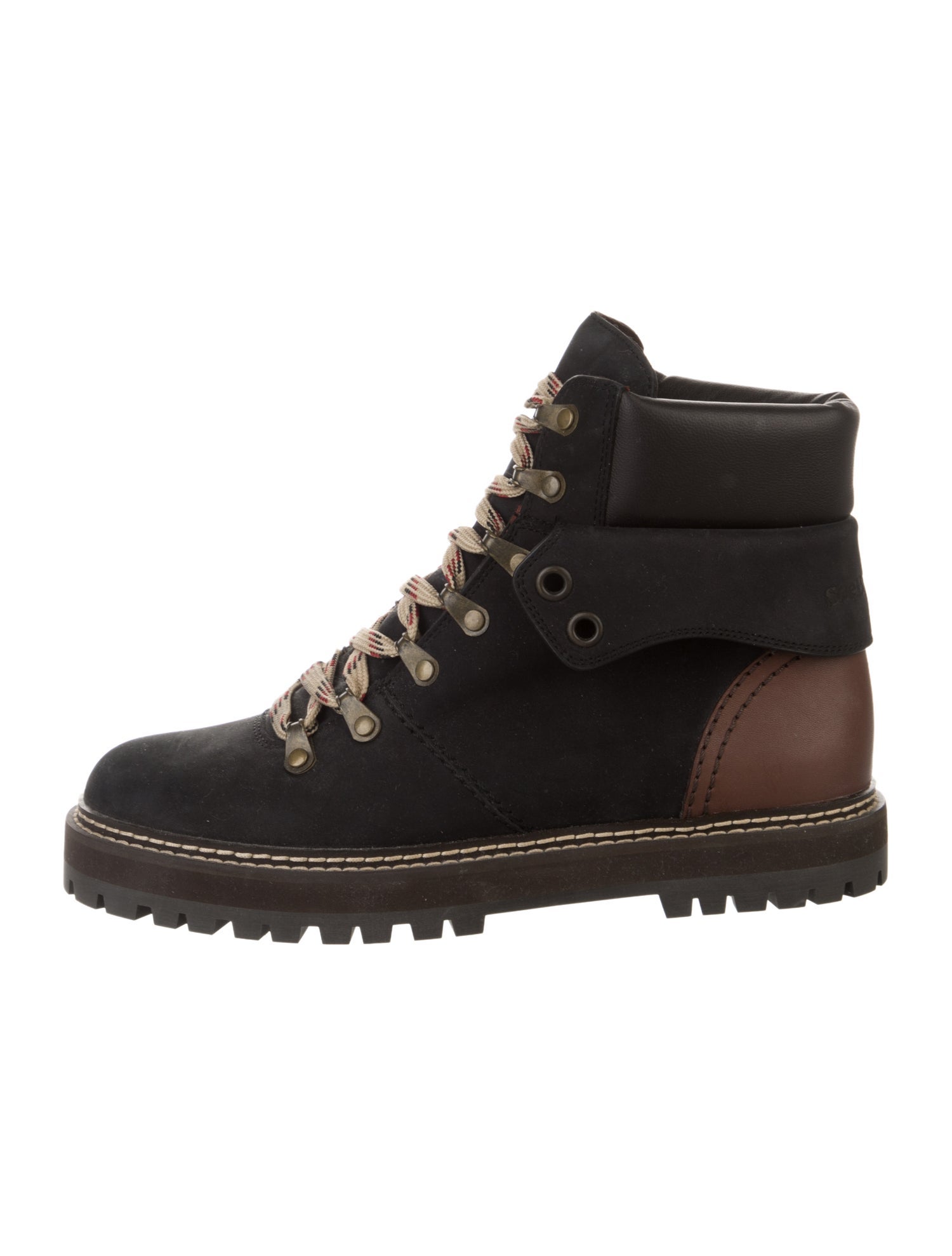See by Chloé Suede Colorblock Pattern Combat Boots