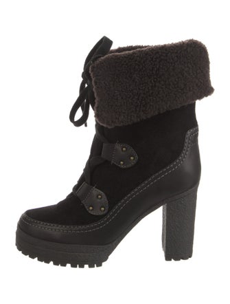 See by Chloé Suede Faux Fur Trim Lace-Up Boots