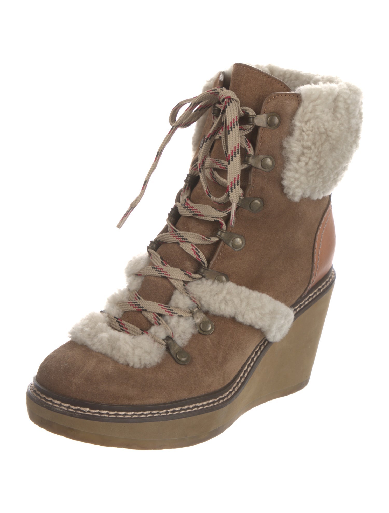 See by Chloé Suede Fur Trim Lace-Up Boots
