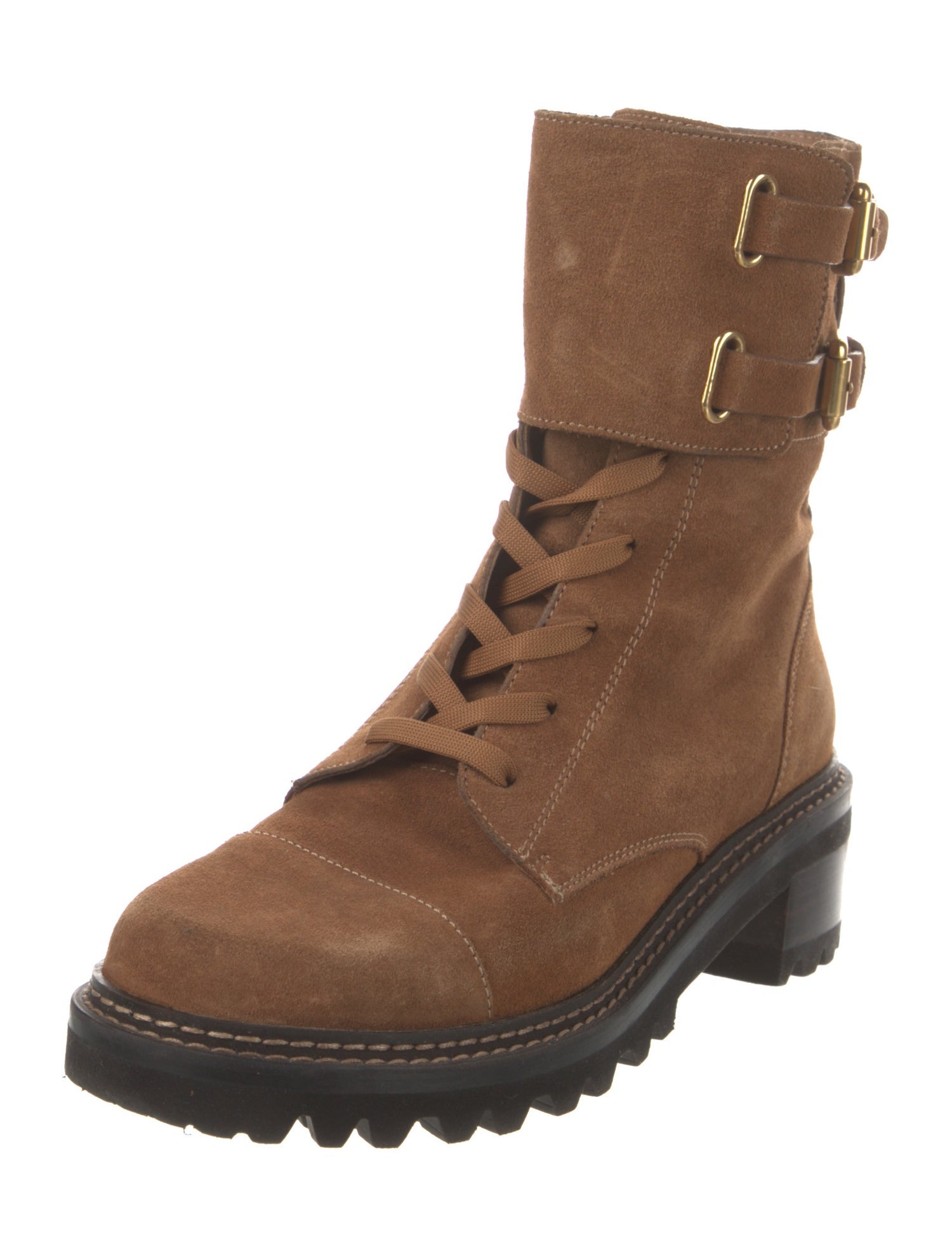 See by Chloé Suede Colorblock Pattern Combat Boots
