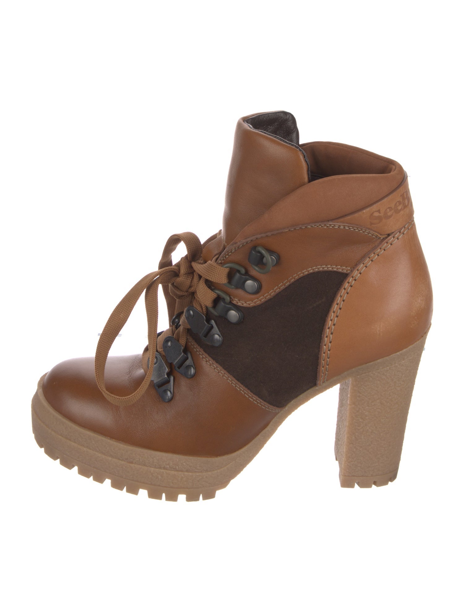 See by Chloé Leather Colorblock Pattern Lace-Up Boots