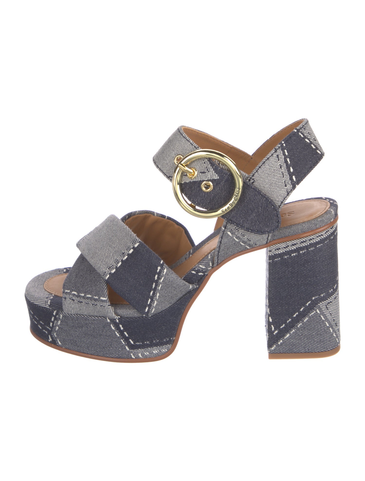 See by Chloé Denim Colorblock Pattern Slingback Sandals
