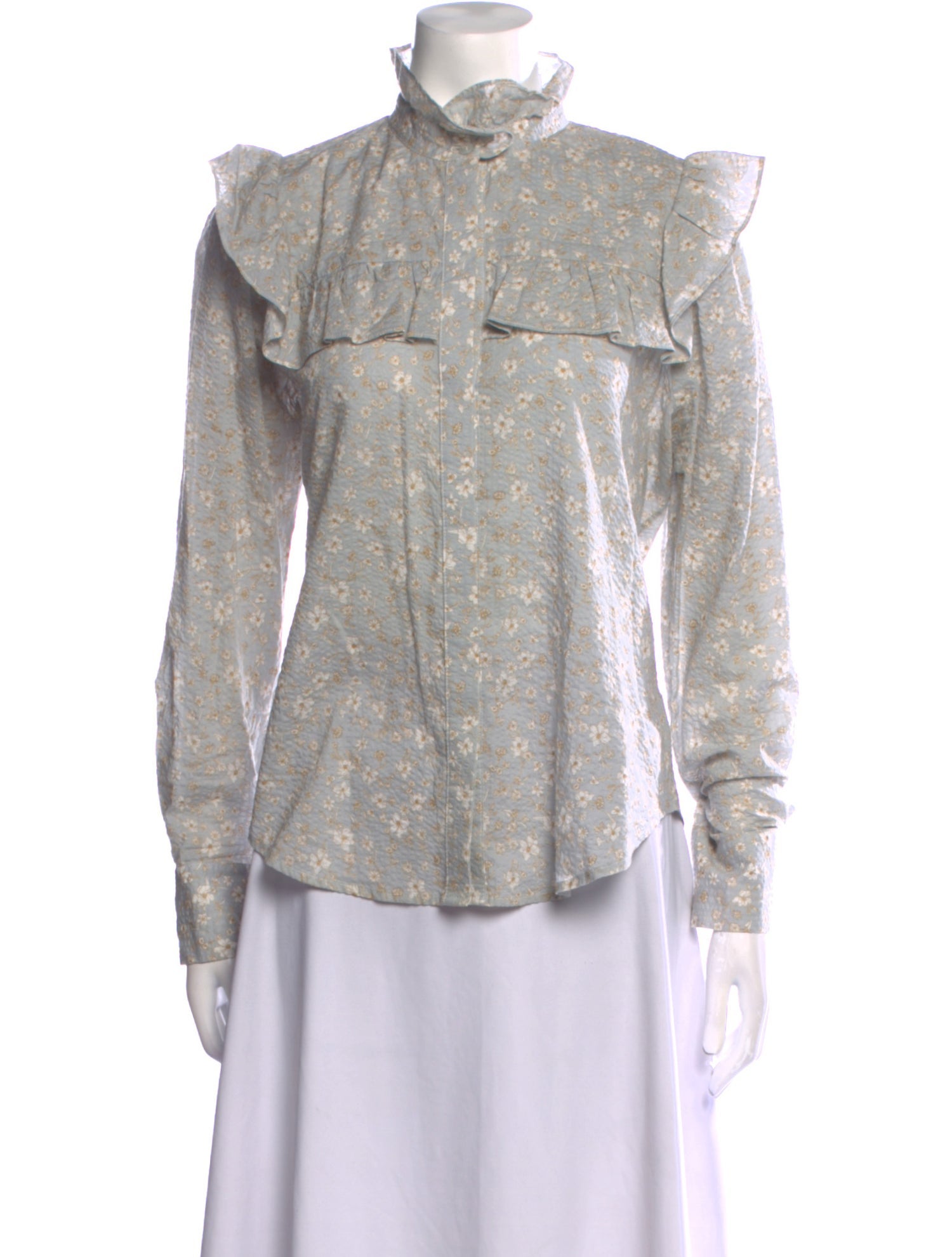 Secular Floral Print Mock Neck Button-Up Top