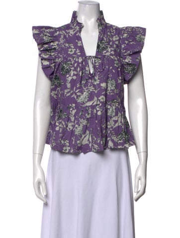 Pre-owned Secular Floral Print V-neck Top In Purple