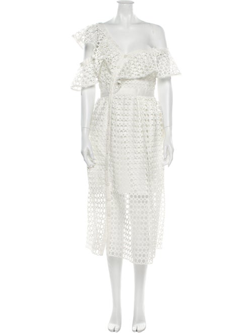Self-Portrait Lace Pattern Midi Length Dress White