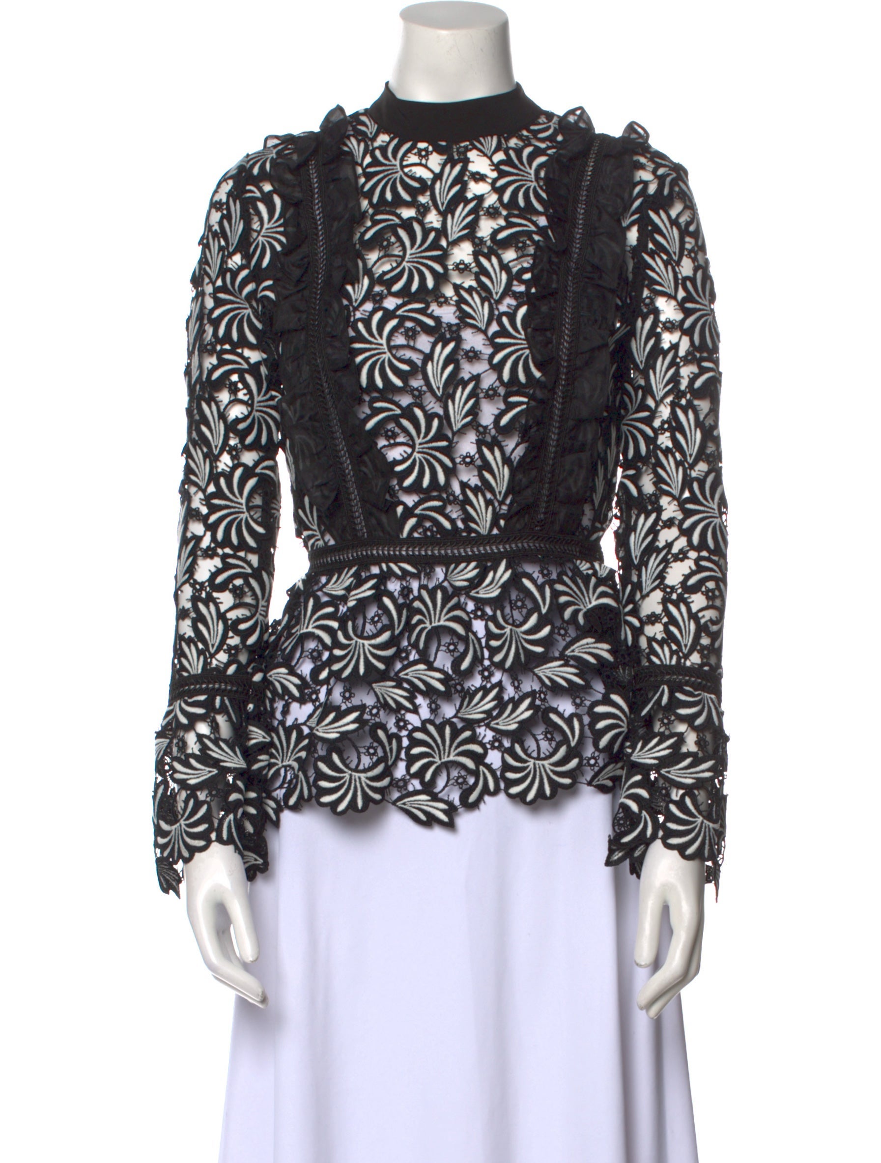 Self-Portrait Lace Pattern Mock Neck Blouse