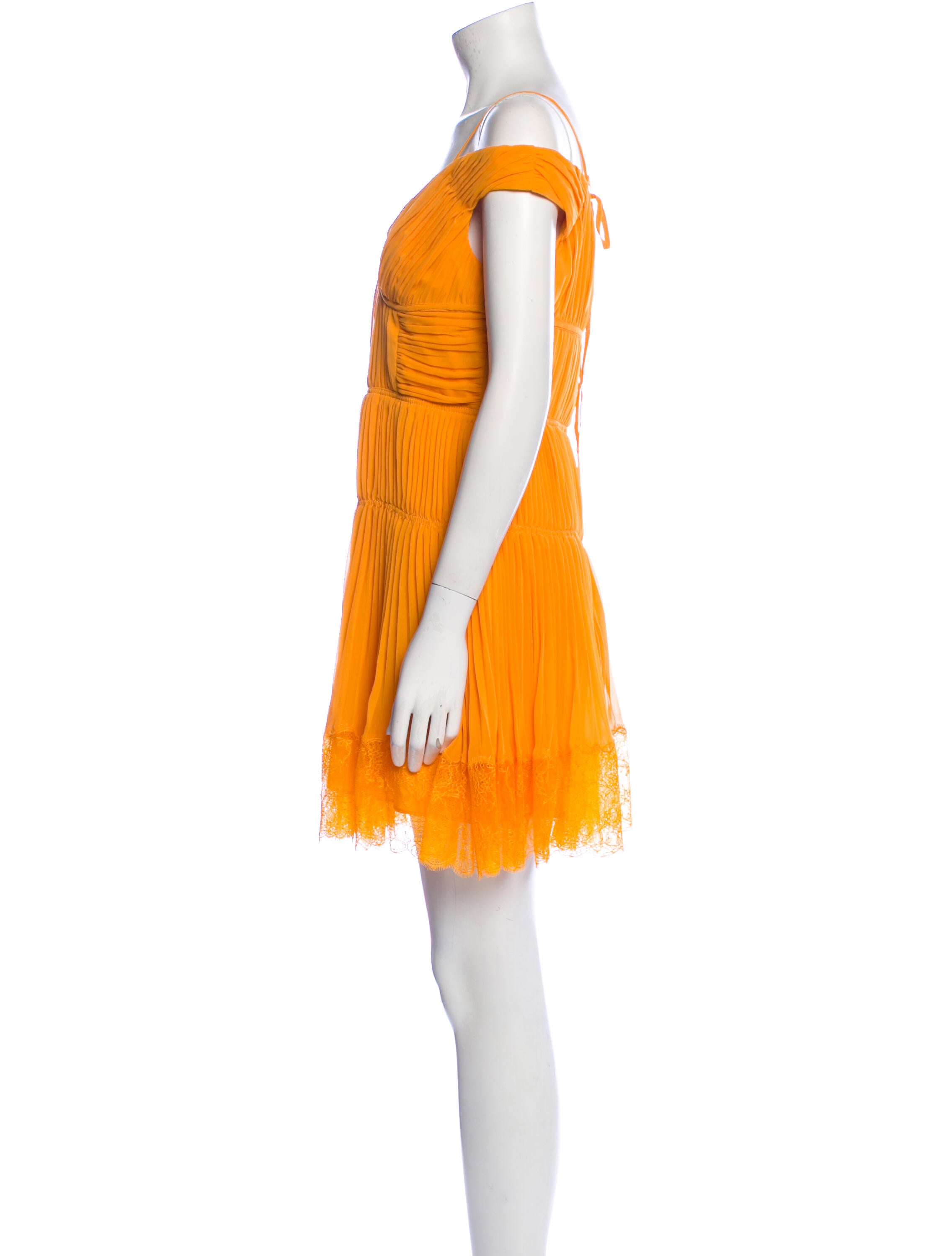 self portrait orange off shoulder pleated chiffon dress Orange Pleated Chiffon Midi Dress