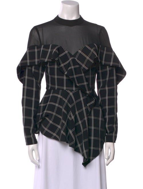 Self-Portrait Plaid Print Mock Neck Button-Up Top