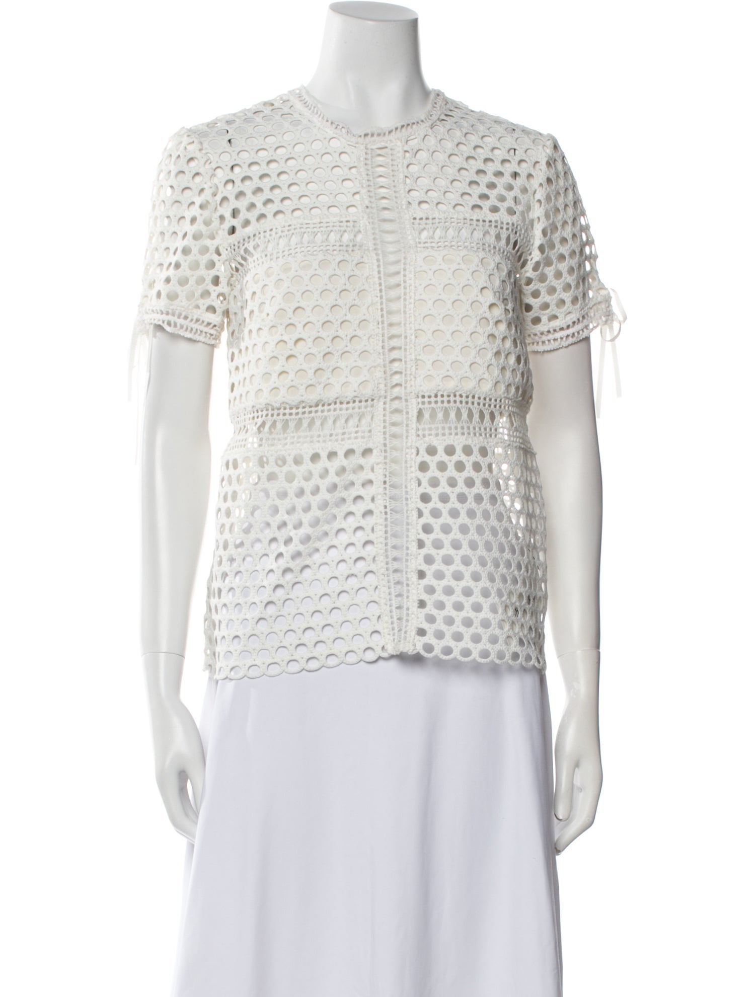 Self-Portrait Lace Pattern Crew Neck Button-Up Top