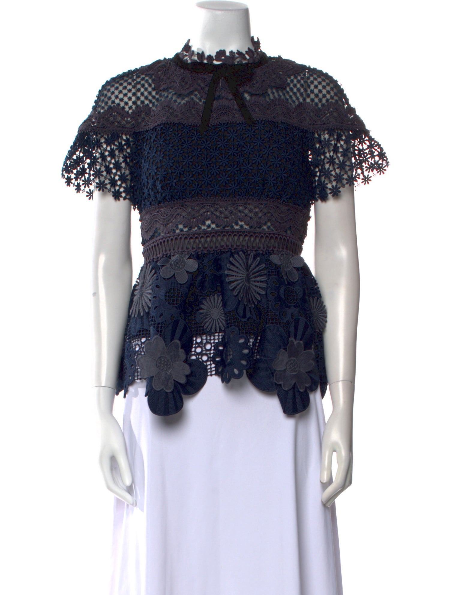 Self-Portrait Lace Pattern Mock Neck Blouse