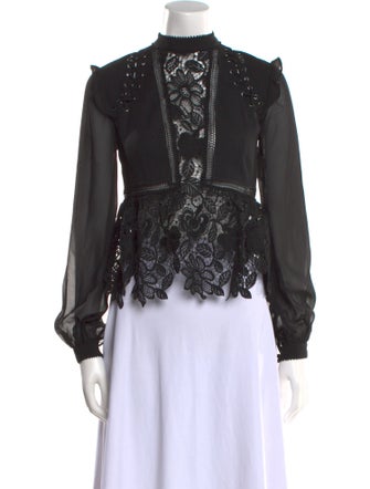 Self-Portrait Lace Pattern Mock Neck Blouse