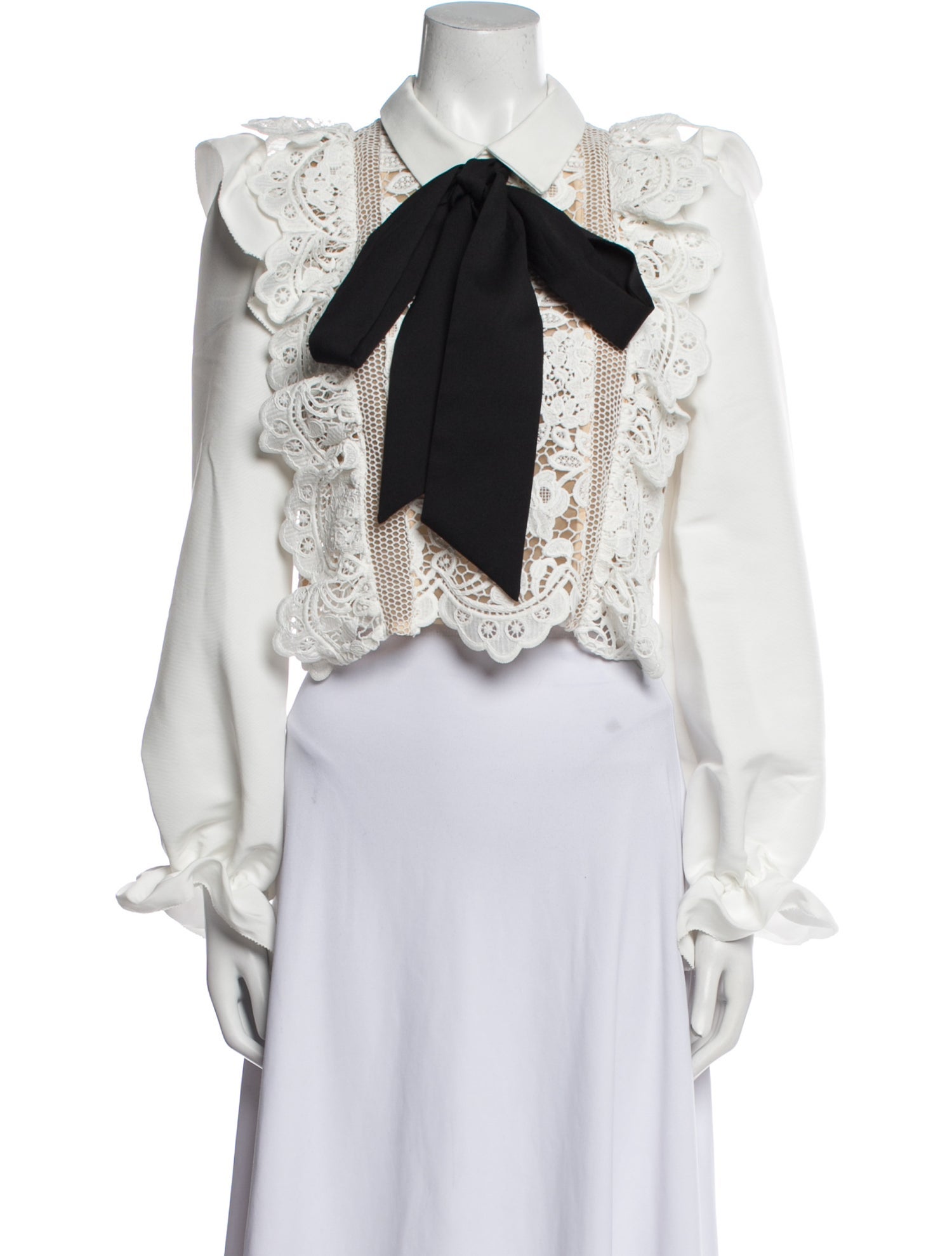 Self-Portrait Tie Neck Long Sleeve Crop Top