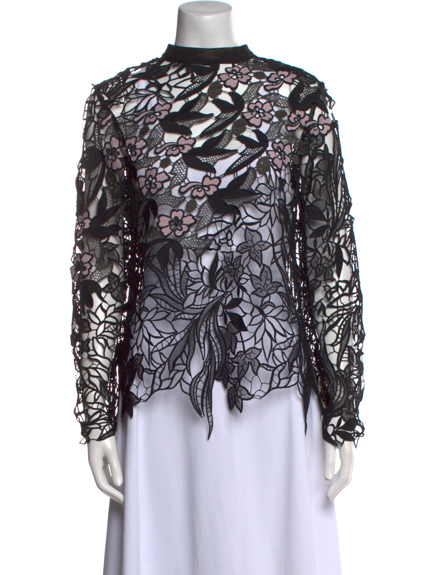 Self-Portrait Lace Pattern Mock Neck Blouse