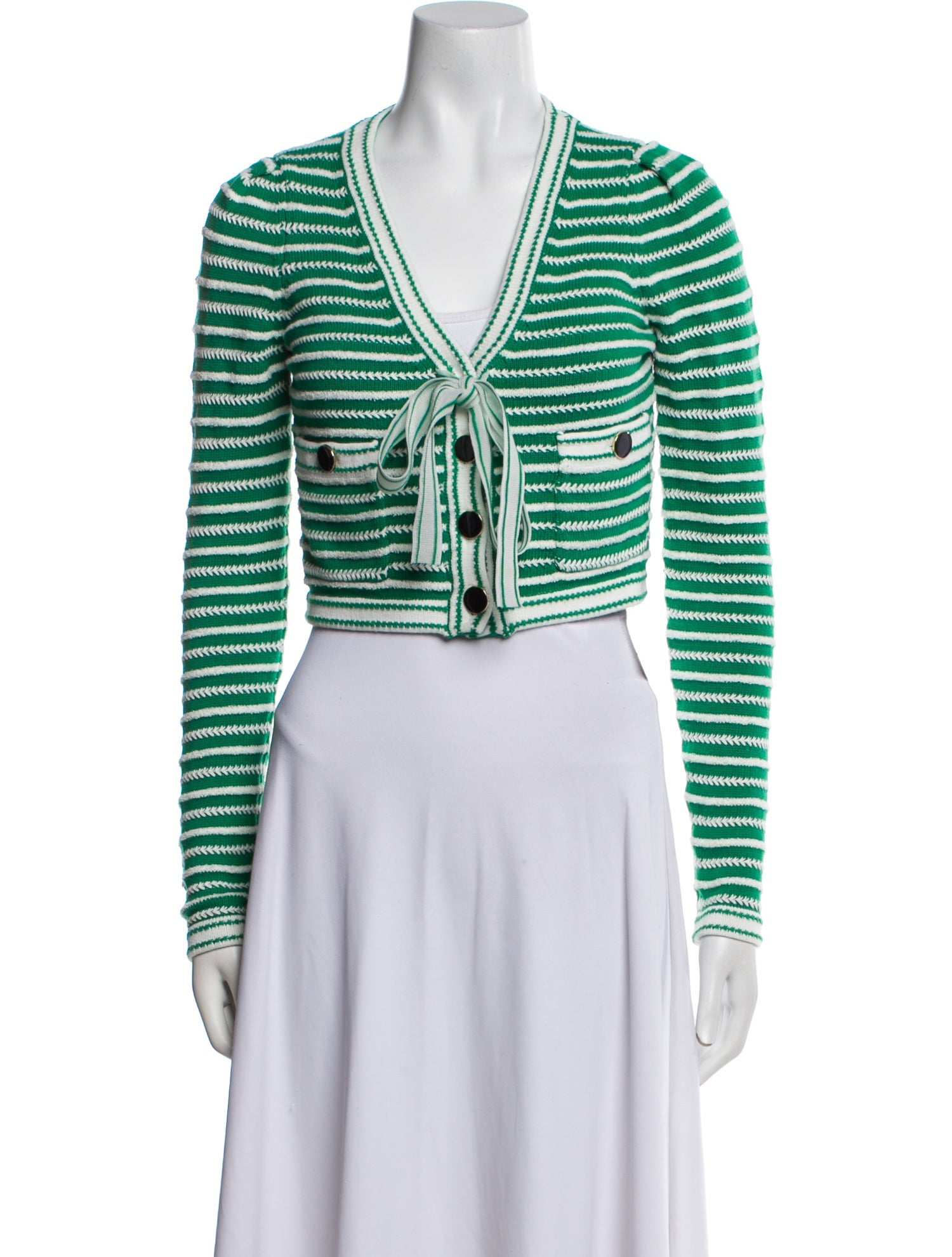 Self-Portrait Green Rope Knit Cardigan Striped Sweater