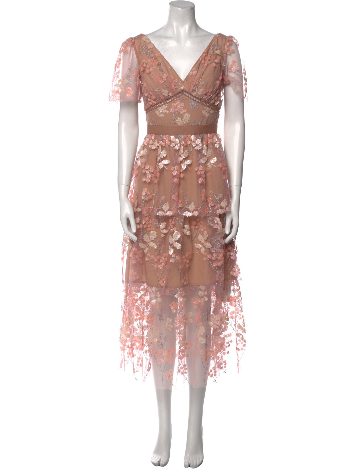 Self-Portrait Flower Mesh Tiered Midi Dress Long Dress w/ Tags