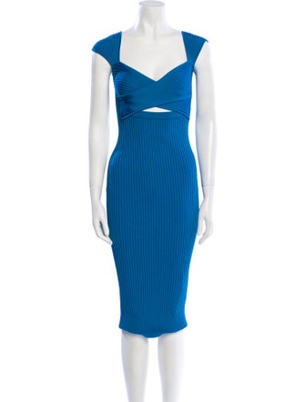 Self-Portrait Bright Blue Ribbed Knit Crossover Bust Midi Dress Midi Length Dress