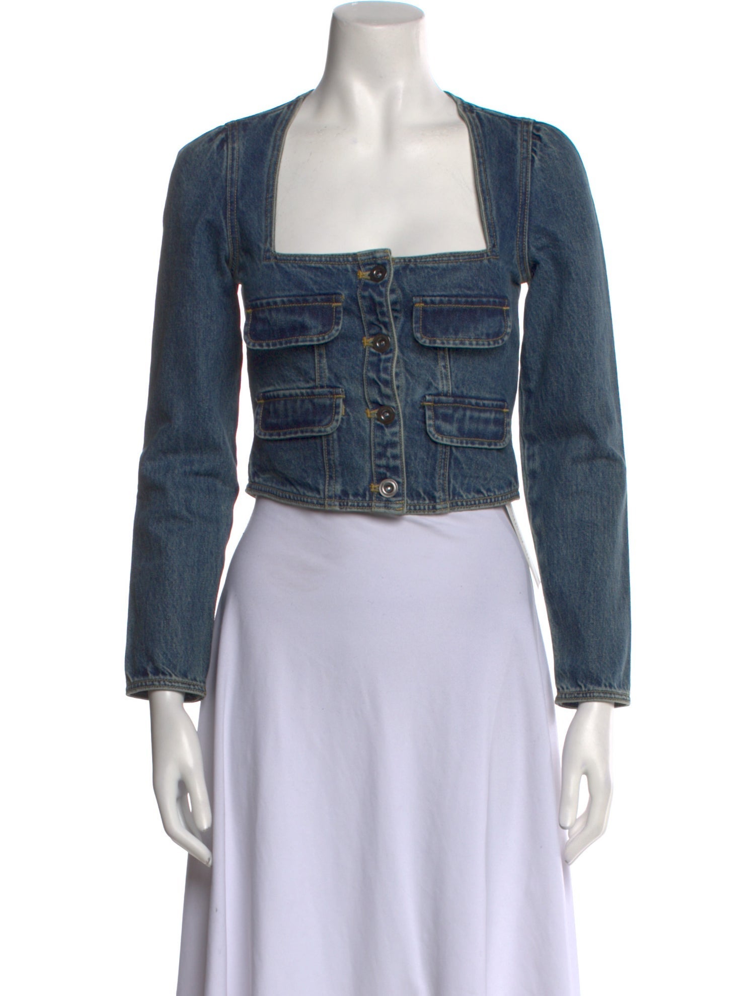 Self-Portrait Square Neckline Three-Quarter Sleeve Crop Top