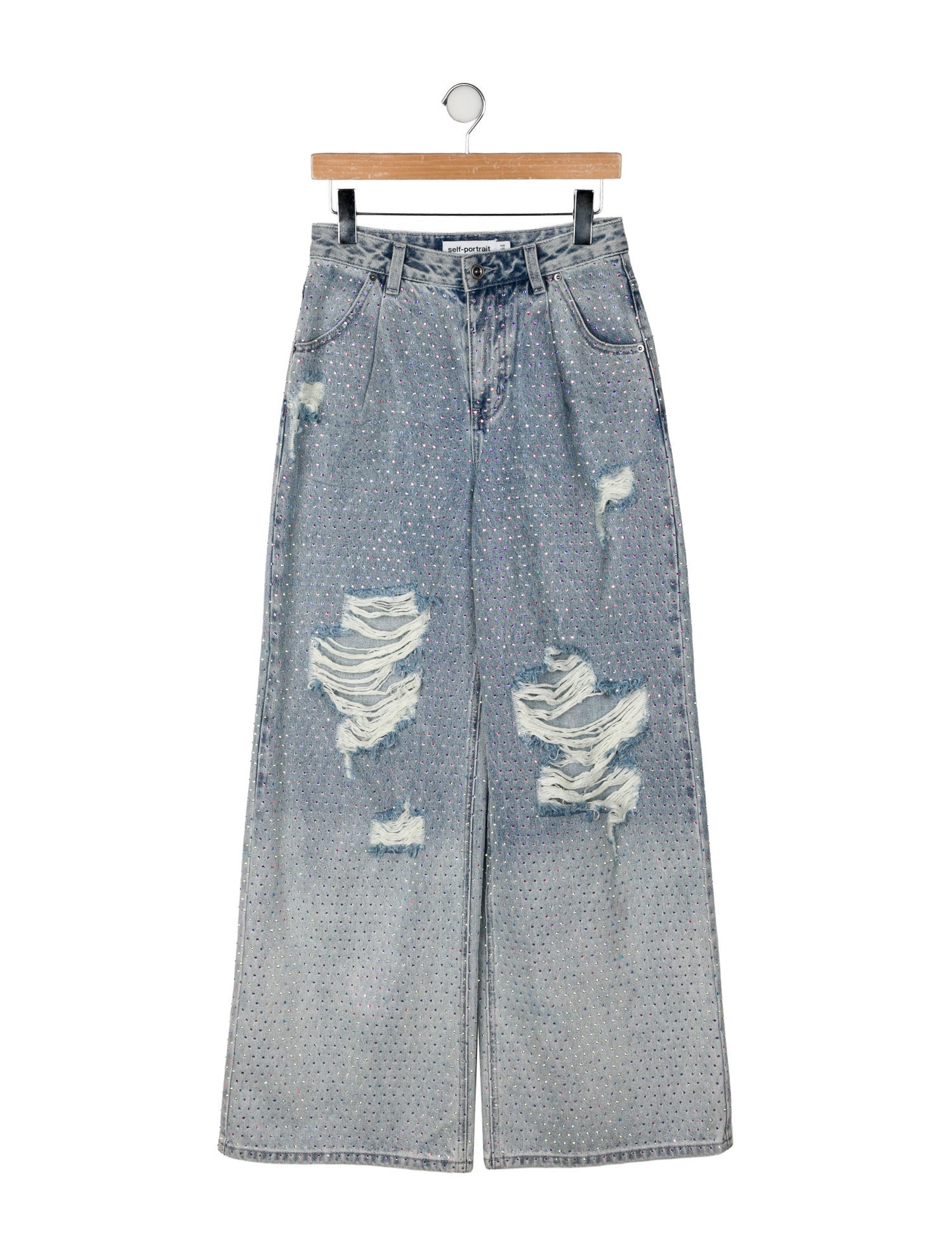 Self-Portrait Rhinestone Ombre Distressed Jean Wide Leg Jeans