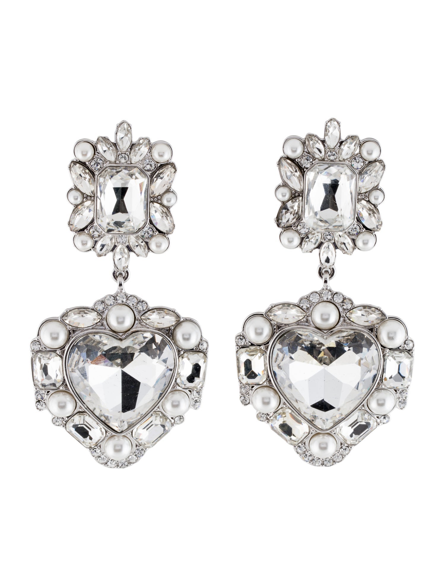 Self-Portrait Faux Pearl & Crystal Tiered Heart Drop Earrings