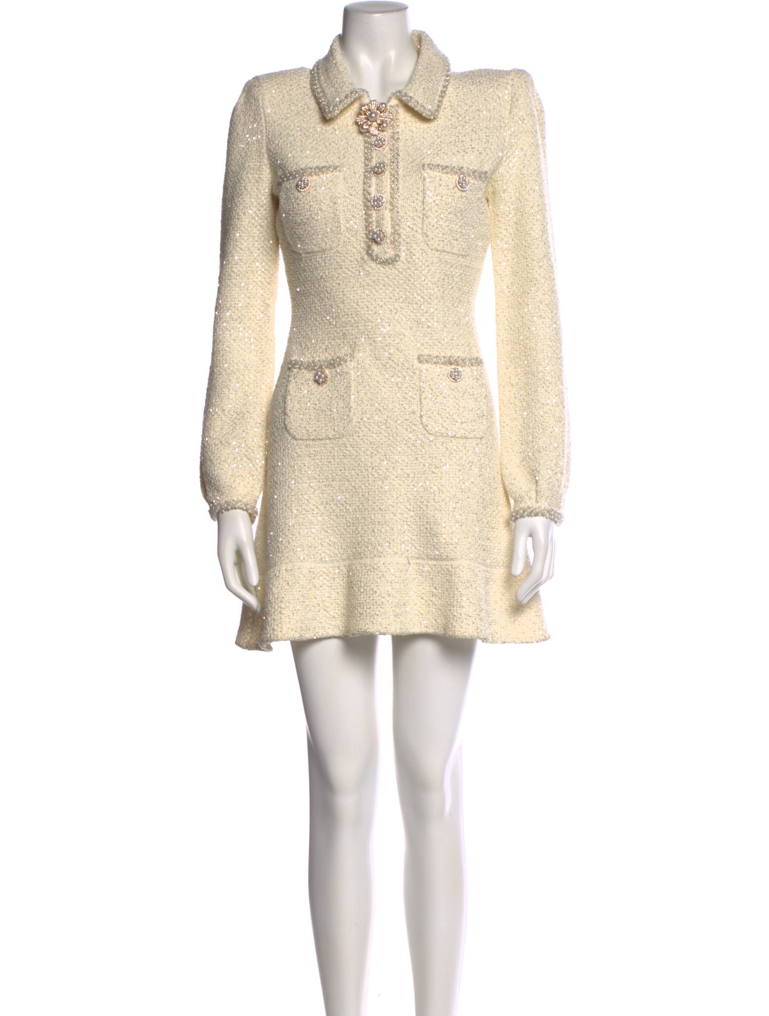 self portrait long sleeve crystal mini dress Champagne Rhinestone Lace Trim Mini Dress