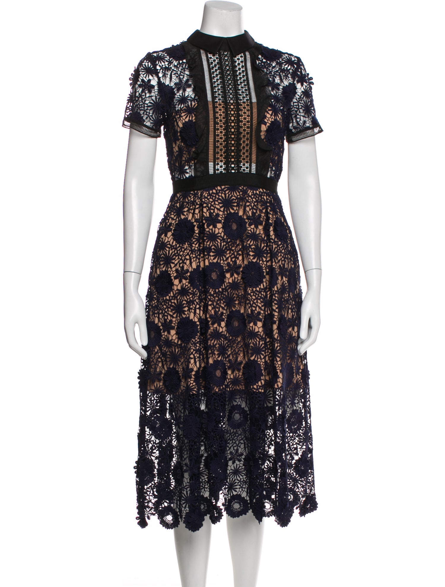 self portrait a line dress Self-Portrait Lace Midi Dress Round Neck A-line Dress for Ladies