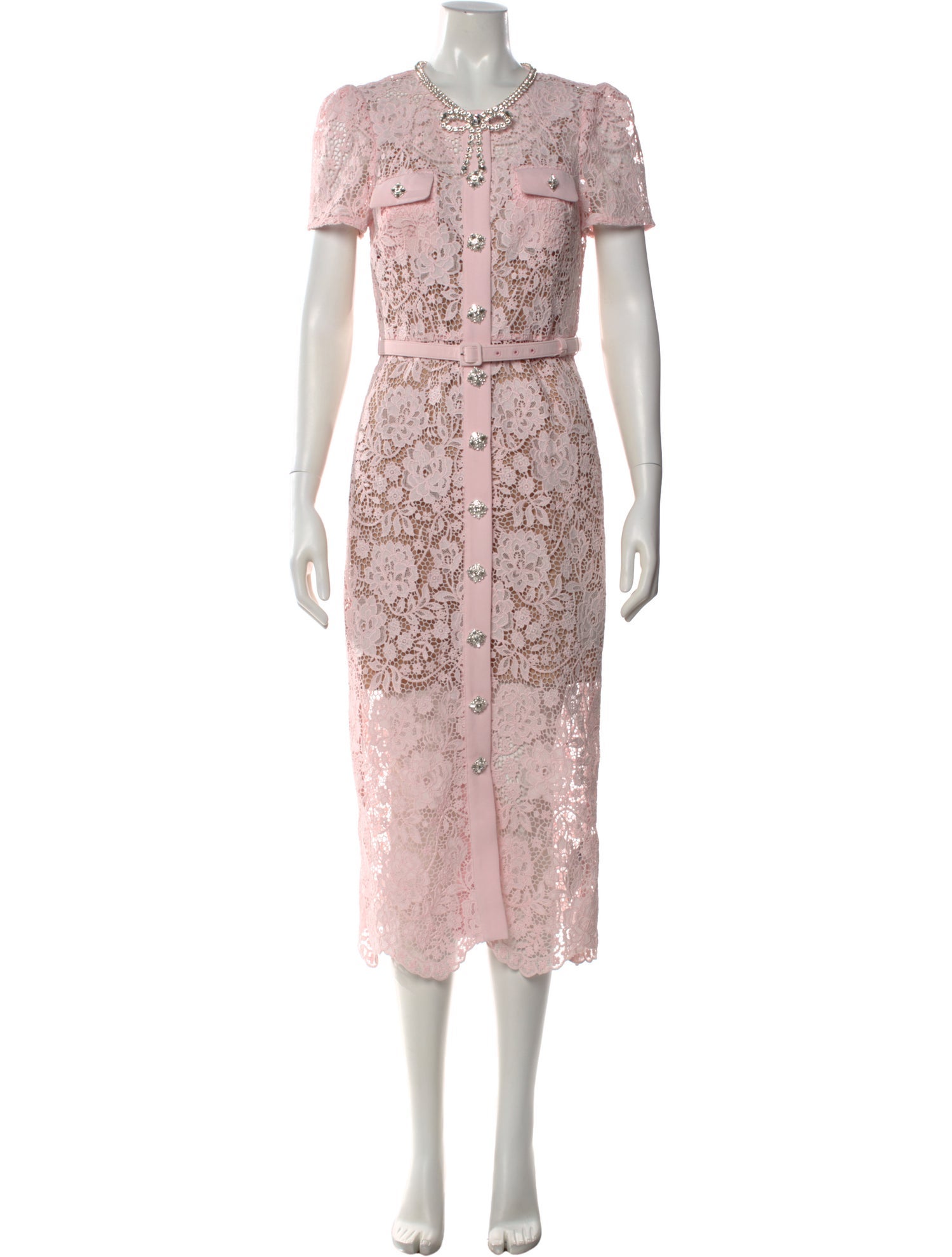 self portrait pink floral dress Pink Rhinestone Lace Midi Dress
