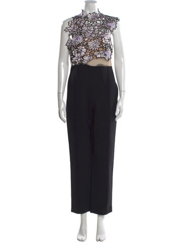 Pre-owned Self-portrait Lace Pattern Mock Neck Jumpsuit In Black