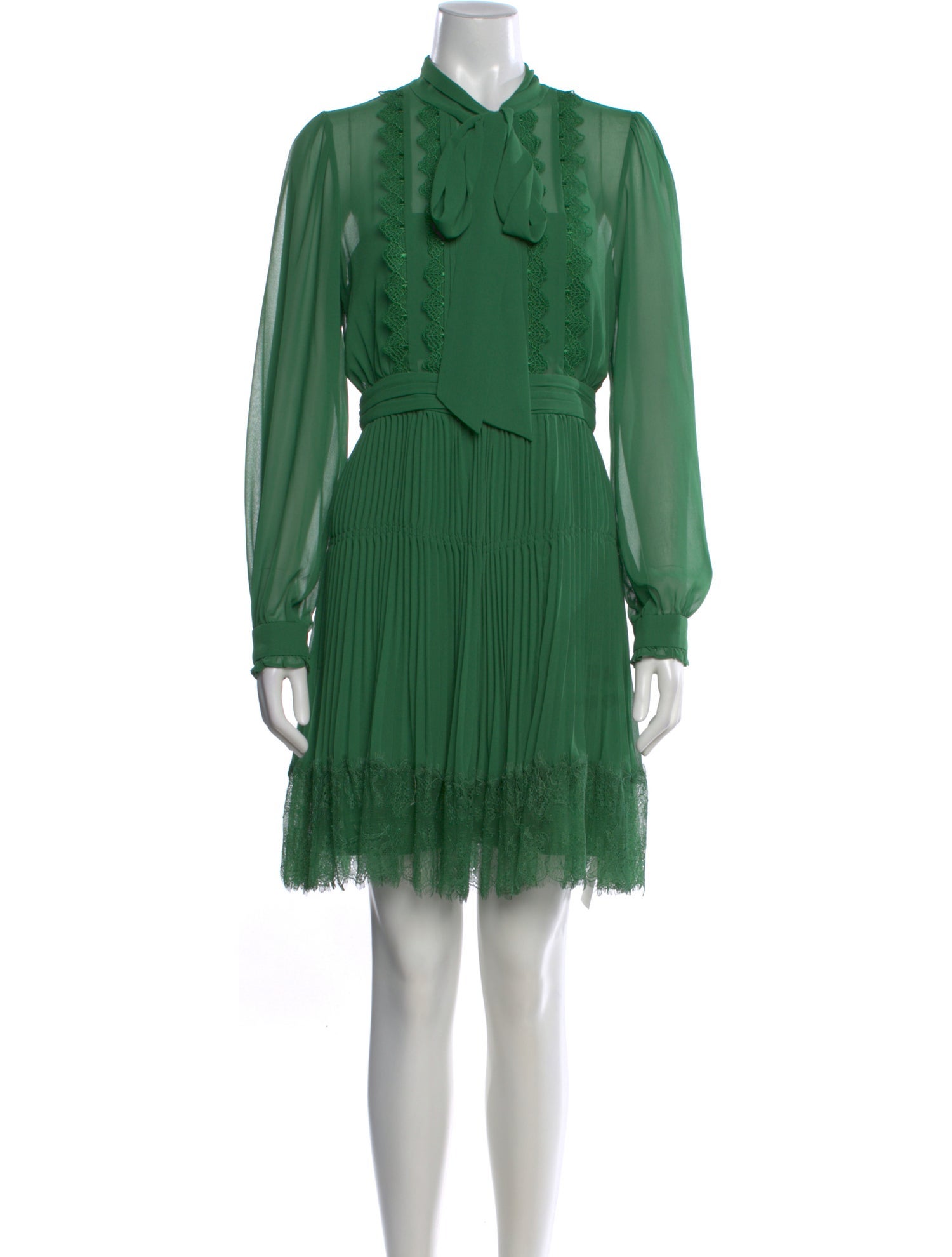self portrait green lace mini dress Self-Portrait Tie Neck - Dresses, Clothing - WSELF93504 colour: green-animal-print-v-neck-long-sleeve-skater-dress