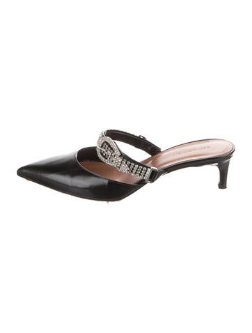 Pre-owned Self-portrait Leather Crystal Embellishments Mules In Black