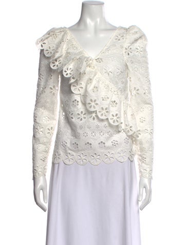 Pre-owned Self-portrait Floral Print V-neck Blouse In White